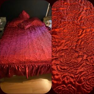 Vintage 70s red satin full bedspread shame pillows